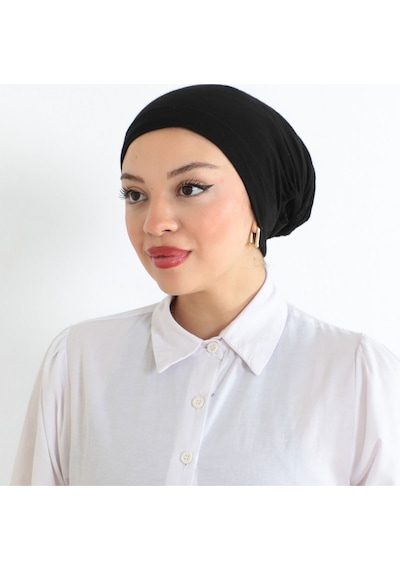 Melodi Scarf Kadın Tesettür Geniş Hacimli Pratik Ense Ve Çene Altından Geçmeli Kaymayan Bone Siyah Çeneli Bone Siyah