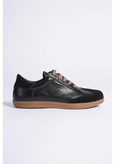 Analin Shoes Kadın Hakiki Deri Bağcıklı Süet Detaylı Spor Ayakkabı Siyah