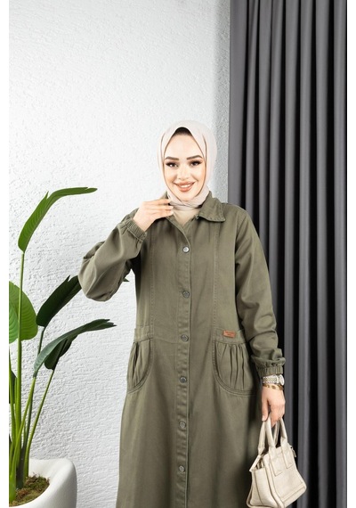 Harman Butik Kadın Düğmeli Torba Cepli Gabardin Kap Haki Haki