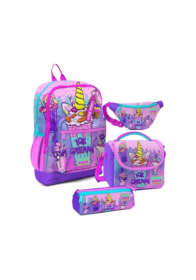 Coral High Kız Çocuk Pembe Mor Dondurma Desenli İlkokul Okul Çanta Seti Ve Bel Çantası