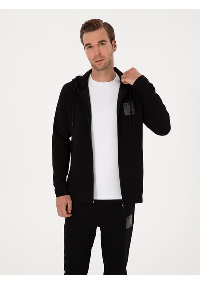 Siyah Regular Fit Pamuk Karışımlı Tam Fermuarlı Kapüşonlu Sweatshirt