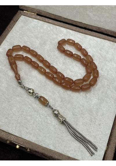 Alpaka Zincir Püsküllü Kapsül Kesim Turuncu Ateş Kehribar Tesbih 7x11 Mm