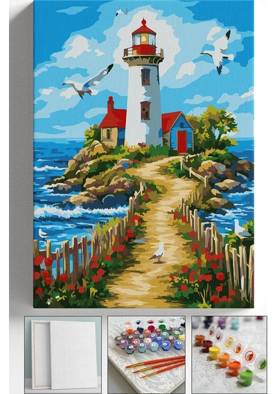 Sayılarla Boyama Seti Numaralı Tuval Fırça Boya Askı Aparatı Dahil Set 40x50 Cm - Deniz Feneri Adası