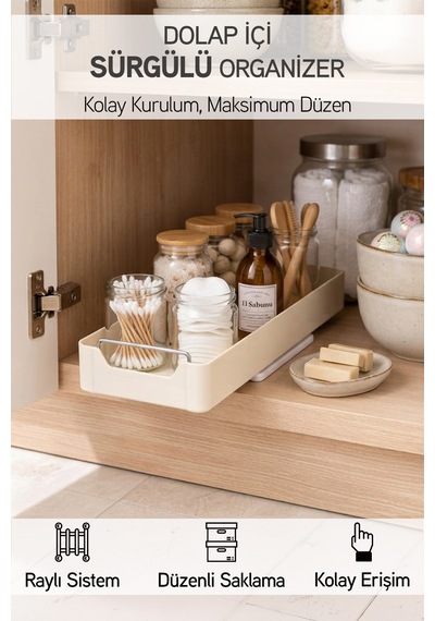 Kendinden Bantlı Sürgülü Raylı Çok Amaçlı Dolap İçi Organizer Banyo Mutfak Dolap Düzenleyici 13x34cm Krem