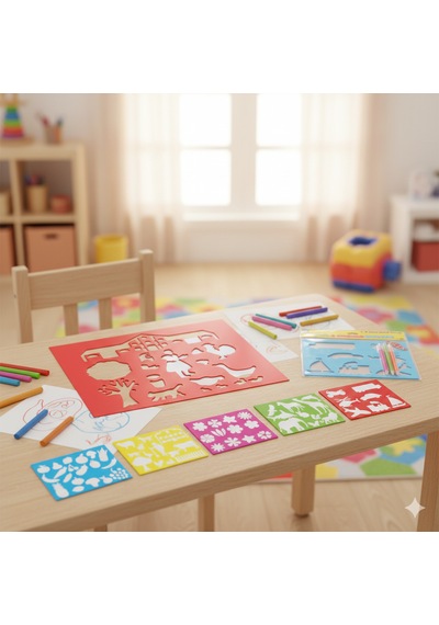 Ark Şekil Boyama Şablonu 5 Adet Şablon 5 Adet Renkli Kalem