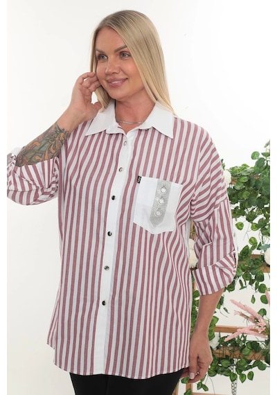 Lady Majestic %100 Cotton Rahat Kalıp Çizgili Büyük Beden Kadın Uzun Kollu Gömlek Bordo
