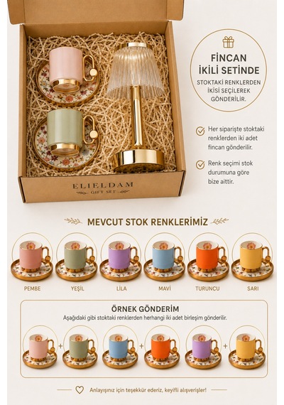 Doğum Günü, Yeni Ev, Özel Gün,yeni İş Hediyesi Şarjlı Dokunmatik Kristal Gold Masa Lambası & Kahve Fincan Takımı Hediye Seti Çok Renkli