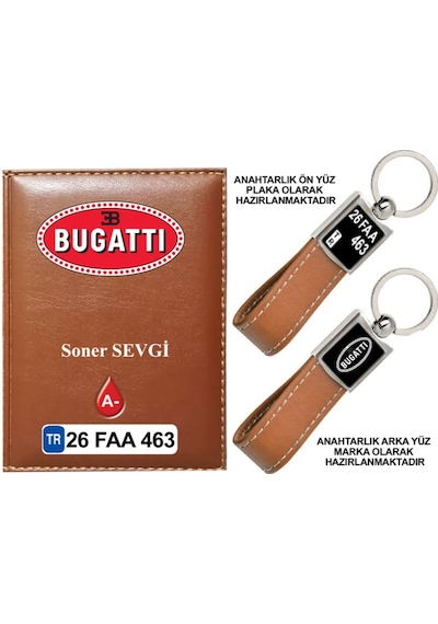 Plakanıza Özel Bugatti Logolu Taba Ruhsat Kabı Ve Anahtarlık