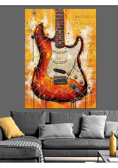 Ahşap Tablo Kırmızı Gitar Alev Desenleri İnsan Figürlü Tablolar