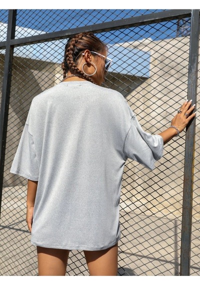 Flood Of Style Kadın Açık Gri Chicago Baskılı Düşük Omuz Oversize Bisiklet Yaka T-shirt Lacivert