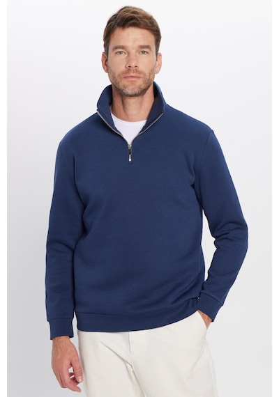 Tudors Unisex Relax Fit Rahat Kesim Pamuklu İçi Polarlı Yarım Fermuarlı Lacivert Dik Yaka Sweatshirt-31450 Lacivert