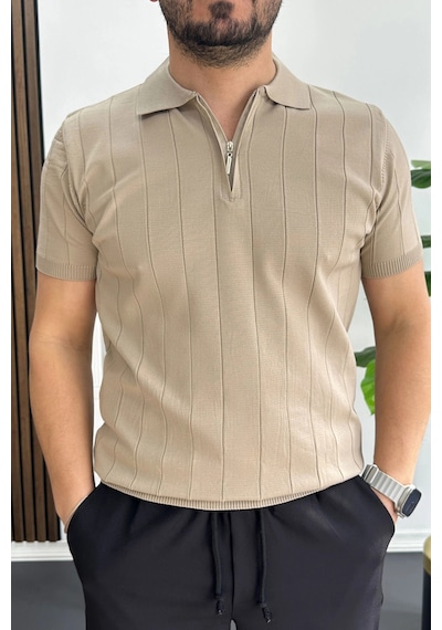 Erkek Slim Fit Fermuarlı Polo Yaka Tişört Vizon Edw452 Vizon
