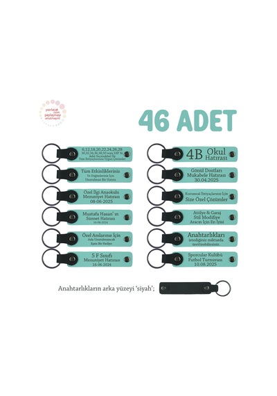 Eğitimciler Günü İçin Üzerinde İsim Yazılı Hatıra Anahtarlık 46 Lı Set , Turkuaz & Siyah