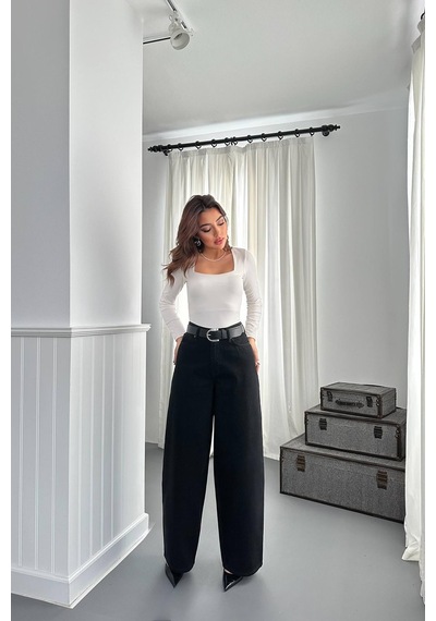 Alemdarshop Siyah Geniş Paça Jeans Pantolon