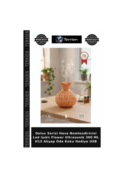 Delux Serisi Hava Nemlendiricisi Led Işıklı Flower Ultrasonik 300 Ml H15 Ahşap Oda Koku Hediye Usb