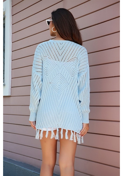 Aqe Fashion Motif Detaylı Eteği Püsküllü Hırka Bebe Mavisi Bebe Mavi