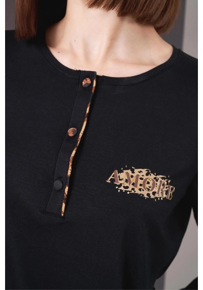 Pjs 26004 Kadın Uzun Kol Leopar Desenli Pijama Takım Siyah