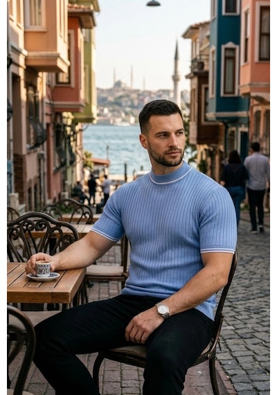 Erkek Fitilli Triko Dokuma Kısa Kol Tişört Yarım Boğaz Modern Yazlık T-shirt - Bebe Mavisi