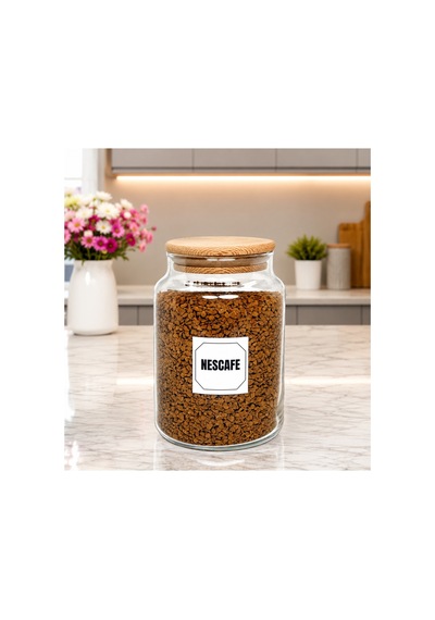 2'li Ahşap Vakum Kapaklı Cam Hazır Kahve Çay Saklama Kavanozu Seti 800 Ml Etiket Hediyeli Çok Renkli