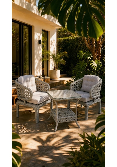 Cenevre Raddan 1+1 Bistro Set Minderli 2 Kişilik Raddan Oturma Grubu Camlı Sehpa Bahçe Balkon Teras Set Gri