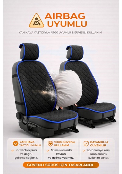 Oto Koltuk Kılıfı Tay Tüyü 2'li Ön Minder Terletmez Kaymaz Airbag Uyumlu - Siyah Mavi