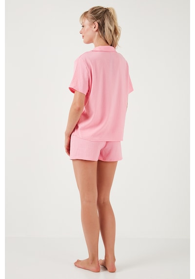 Lela Gömlek Yaka Beli Lastikli Kısa Kollu Şortlu Bayan Pijama Takımı 611Pt00123 Pembe