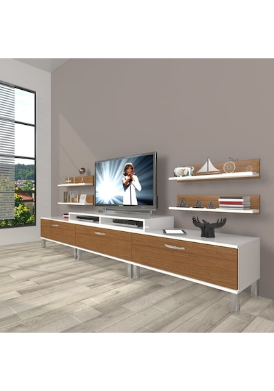 Decoraktiv Ekoflex 270r Slm Krom Ayaklı Tv Ünitesi Tv Sehpası Beyaz - Ceviz