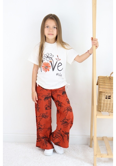 Fesshera Kız Çocuk ''love Life'' Baskılı Tişört & Çizgili Desenli Bol Pantolon Takımı Kiremit Fesshera Kız Çocuk ''love Life'' Baskılı Tişört & Çizgili Desenli Bol Pantolon Takımı Kiremit