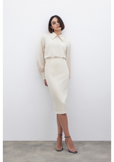 Sateen Düz Kalem Etek - Bej
