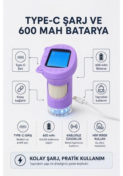 4berry Taşınabilir Fotoğraf Çekebilen Dijital Mikroskop 1000x 2.4 Ips Ekran, 2 Mp Kamera, 8 Led Işık, Type-c Şarjlı Mor