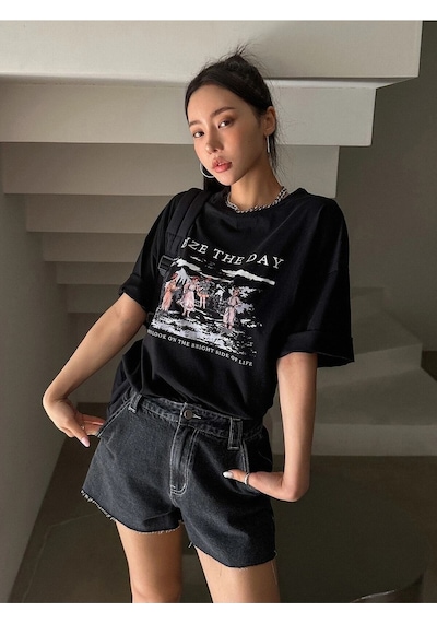 Flood Of Style Kadın Siyah Seize The Day Baskılı Oversize T-shirt