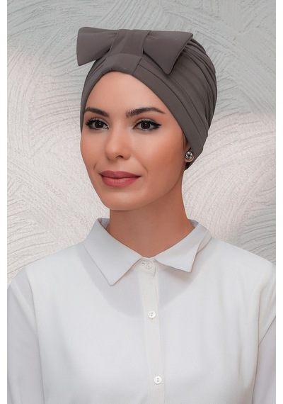 Hürrem Bone Vizon Pratik Hazır Geçmeli Tesettür Bone Sandy Kumaş Fiyonklu Büz (545490910) Vizon