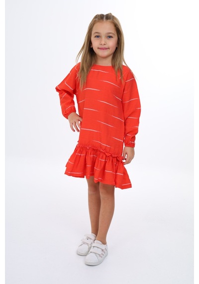 Toontoy Kız Çocuk Baskılı Relax Fit Bisiklet Yaka Reglan Uzun Kollu Volanlı Elbise - Turuncu Toontoy Kız Çocuk Baskılı Relax Fit Bisiklet Yaka Reglan Uzun Kollu Volanlı Elbise - Turuncu
