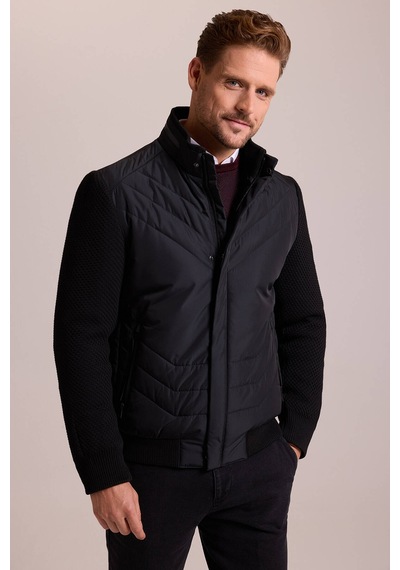 Ysf Erkek Siyah Slim Fit Kolu Trikolu Mont