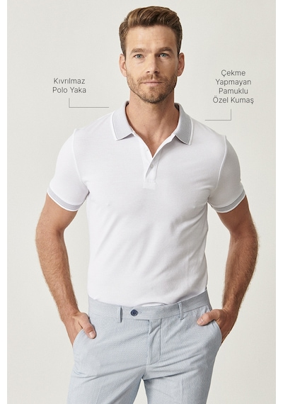 Ac&Co / Altınyıldız Classics 4A4820200047BYZXL Düğmeli Polo Yaka Cepsiz Slim Fit Erkek Tişört - Beyaz