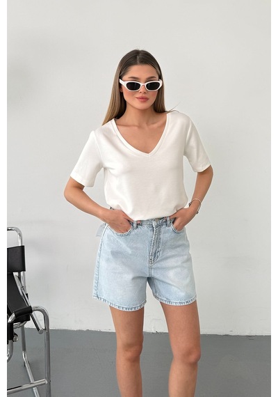 Giysa Kadın V Yaka Modal Kumaş Basic T-shirt Beyaz - Ms0001587