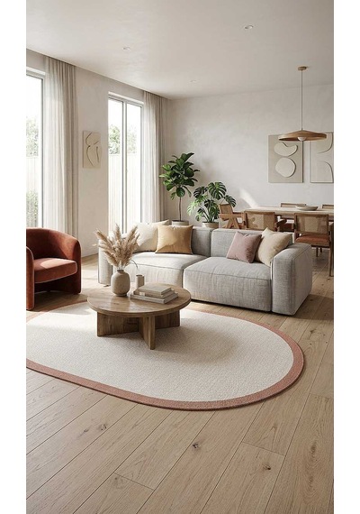 Natura Sisal Hasır Görünümlü Çerçeveli Oval Halı Ntr13 Terra-krem Turuncu