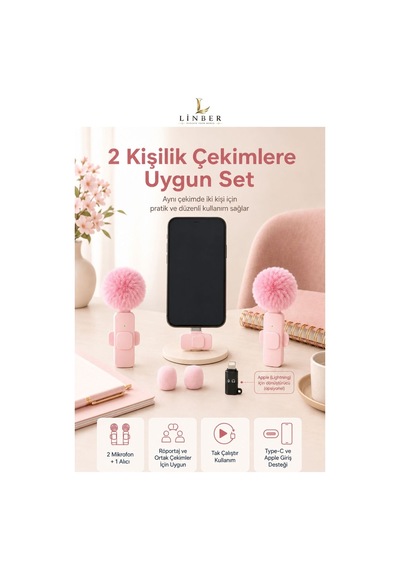 Kablosuz Tüylü Pembe Yaka Mikrofonu Type-c Ve İos Girişli 2 Li Set Bluetooth 5.0 Pembe Pembe