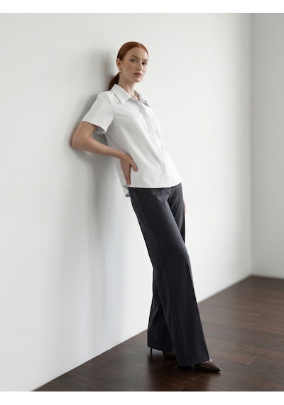 Pera Moda Poplin Kumaş Kısa Kollu Gizli Düğmeli Gömlek Beyaz