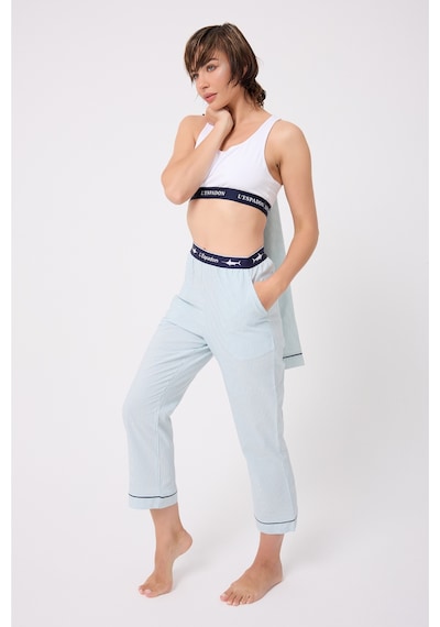 Lespadon Marısılk Seastrıpe Premium Dokuma Uzun Kollu Crop Pantolonlu Kadın Pijama & Lounge Takımı-3190 Yesil