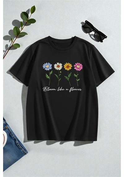 Uyguntarz Unisex Flowers Baskılı Tasarım Tişört - 2'li Eşofman Takımı Siyah