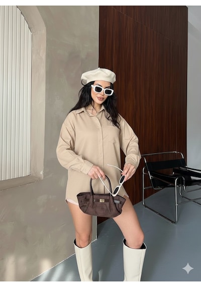 Ribana Classic Kadın Oversize Süet Büyük Beden Uzun Kollu Düğmeli Tek Cepli Gömlek 4962 Bej Ribana Classic Kadın Oversize Süet Büyük Beden Uzun Kollu Düğmeli Tek Cepli Gömlek 4962 Bej