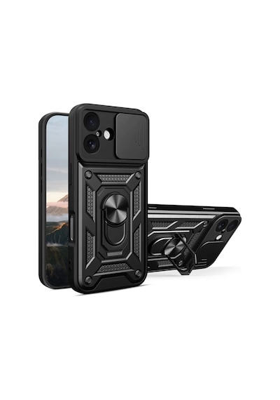 Apple Uyumlu iPhone 17 Tank Kılıf Yüzüklü Standlı Extra Koruma Zırhlı Outdoor Kapak - Siyah