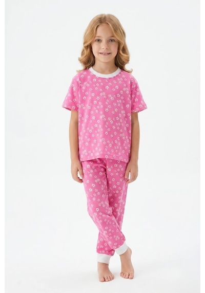 Bunny Hopp Kız Çocuk Pijama Takımı %100 Pamuk Çiçek Desenli Yazlık Kısa Kollu Fuşya