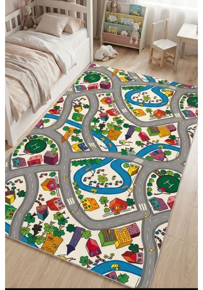 Raschel Carpet Premium Antialerjik Yıkanabilir Kalın Trafik Desenli Yumuşak Kaymaz Taban Halı Mavi