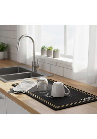 Nobera Premium Dekoratif Bulaşık Kurutma Matı 50x40 Cm Süper Emici, Kaydırmaz Kauçuk Tabanlı Ve Tezgah Koruyucu Altlık Altın - Siyah