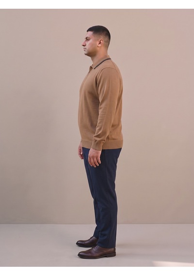 Maccali Erkek Camel Büyük Beden Gizli Fermuarlı Polo Yaka Triko Sweatshirt