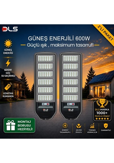 Tr 2'li Paket Dls 600w Güneş Enerjili Solar Sokak Ve Bahçe Lambası, Lifepo4 Bataryalı, Ip66, Hareket Sensörlü, Uz