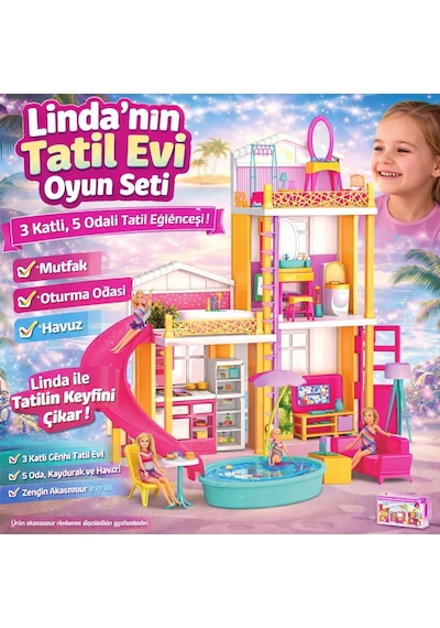Linda Nın Tatil Evi Oyun Seti 3 Katlı, 5 Odalı, Havuzlu Ve Aksesuarlı Oyun Evi