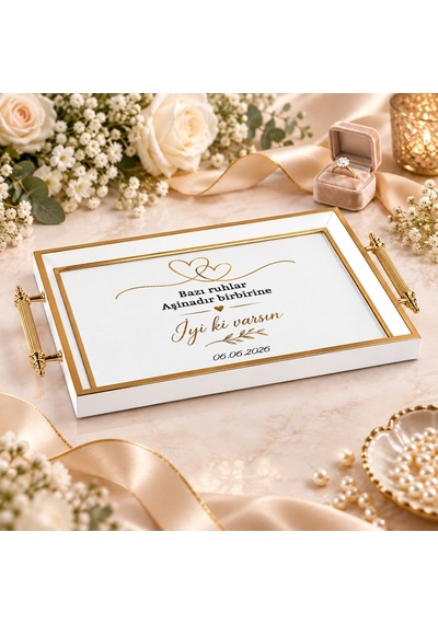 Bk Gift Kişiye Özel Beyaz&gold Söz Nişan Tepsisi-6 - 39x23 Cm Çok Renkli
